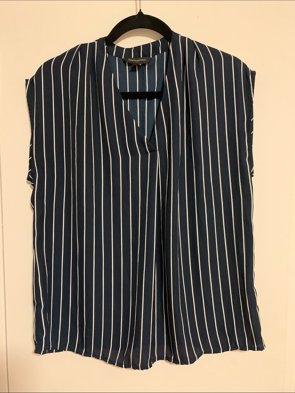 Banana Republic Navy and White Vertical Stripe Cap-Sleeve Blouse